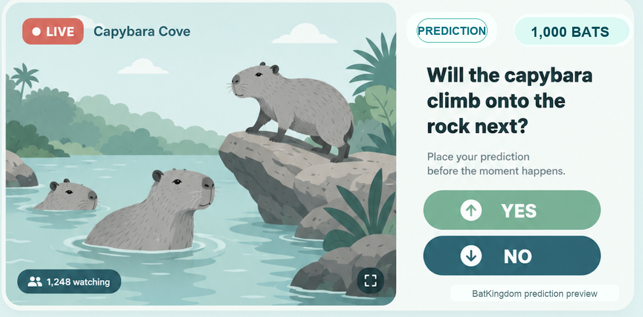 BatKingdom screen with a live animal stream, "BATS" balance, prediction label, and yes or no prediction buttons.